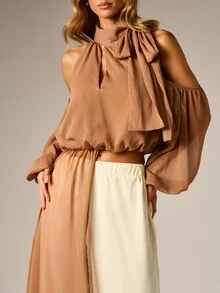 AiiRZ Cold Shoulder Chiffon Crop Blouse With High Neck Bow Tie Detail And Puff Sleeves Perfect For Spring Summer Evening Occasions - Brown - View 3