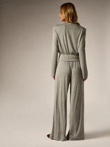 AiiRZ Soft Knit Co-Ord Set Long Sleeve Notch Neck Top And Wide Leg Drawstring Pants Two-Piece Loungewear Outfit - Grey - View 2