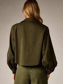 AiiRZ Olive Cropped Button-Down Shirt With Puff Sleeves Chest Pocket Relaxed Oversized Fit Collared Casual Everyday Top - Army Green - View 2
