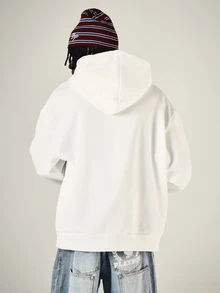 SUMWON Oversized Pullover Hoodie With Embroidered Script Logo Chest Print Centre Pocket Long Sleeve Casual Fall Winter Street Style Top - White - View 2