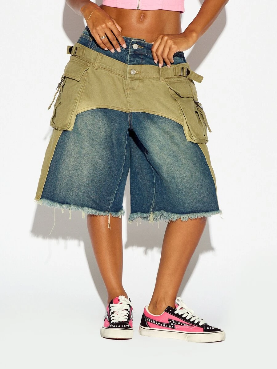 SUMWON WOMEN Hybrid Cargo Denim Shorts With Olive Overlay Buckle Detail Raw Frayed Hem Wide Leg Bermuda Style Festival Summer Holiday - Multicolor - View 1