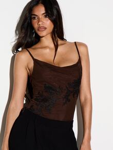 KIZN Sheer Mesh Cowl Neck Bodysuit With Black Floral Applique Detail Low Back Spaghetti Strap Adjustable Party Night Out Top - Coffee Brown - View 5