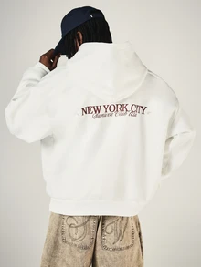 SUMWON Club USA New York City Oversized Pullover Hoodie With Back Graphic Text Print And Centre Pocket - White - View 1