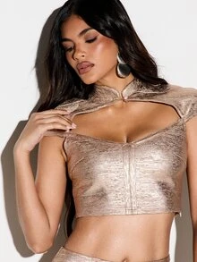 KIZN Crop Top Lengan Pendek Warna Emas Metalik dengan Detail Potongan Leher Tinggi, Cocok untuk Pesta Malam Hari, Liburan, dan Acara Meriah Bergaya Korset - Emas - View 4