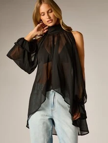 AiiRZ Blus Chiffon Transparan Leher Halter dengan Tali Belakang, Lengan Lonceng, Hem Tinggi Rendah, Atasan Berdraper yang Mengalir, Cocok untuk Acara Malam Musim Panas - Hitam - View 4