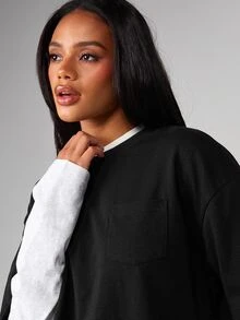 MISSGUIDED Oversized Boxy Crop T-Shirt With Chest Pocket And Contrast Ringer Crew Neckline Layered Look Drop Shoulder Casual Spring Summer Top - Black - View 4