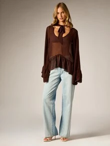AiiRZ Sheer Chiffon Bell Sleeve Blouse With Tie Neck V-Neckline Ruffle Hem High-Low Hem Flowy Boho Top For Fall Winter Date Night - Coffee Brown - View 3