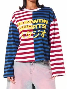 SUMWON WOMEN Sports Oversized Long Sleeve Striped Top With Japanese Script Graphic Print And Colour Block Panels - Multicolor - View 5