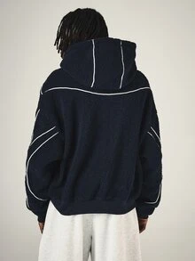 SUMWON Oversized Sherpa Fleece Zip-Up Hoodie With Contrast Piping And Logo Patch Winter Cozy Bomber Jacket - Navy Blue - View 2