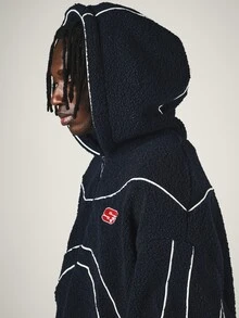 SUMWON Oversized Sherpa Fleece Zip-Up Hoodie With Contrast Piping And Logo Patch Winter Cozy Bomber Jacket - Navy Blue - View 5