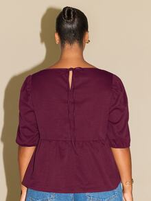 Fashion Szn Plus Size Square Neck Petal Sleeve Top Square Neck Peplum Top, Peplum Top, Square Neck Top, Flattering Top, Body Conscious Top, Figure Flattering Top, Fitted Waist Top, Cinched Waist Top, Puff Sleeve Top, Short Sleeve Top, Feminine Top, Date Night Top, Occasion Top, Curve Top, Plus Size Top, Autumn Winter Top, AW Top, Transitional Top, Key Trending Item - Brown - View 2