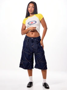 SUMWON WOMEN Drop Shoulder Crop Slim Fit Tee With Contrast Yellow Sleeves And Circular Graphic Logo Print Essential Top - Yellow - View 4