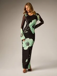 AiiRZ Gaun Maxi Bodycon Motif Bunga dengan Lengan Panjang Jala Transparan, Leher Bulat, dan Belahan Belakang, Gaun Pesta Malam Musim Semi - MultiWarna - View 4