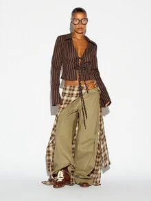 SUMWON WOMEN Pinstripe Lace-Up Crop Blouse With Collared Neckline And Bell Sleeves Tie Front Detail Cropped Length Fall Winter - Brown - View 3