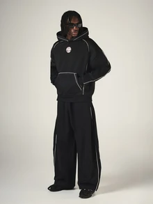 SUMWON Oversized Pullover Hoodie With Large Numeric Back Print Contrast Piping Detail Circle Logo Patch And Centre Pocket Fall Winter Streetwear - Black - View 3
