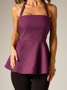 AiiRZ Pinstripe Halter Neck Peplum Top With Square Neckline And Flared Hem Perfect For Date Night And Summer Occasions - Purple - View 4