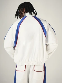 SUMWON Color Block Windbreaker Jacket With Contrast Piping Patch Pockets Full Zip Mandarin Collar Oversized Fit - Blue and White - View 2