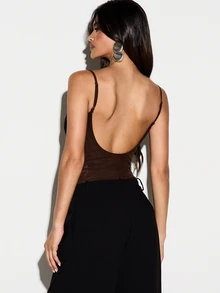 KIZN Sheer Mesh Cowl Neck Bodysuit With Black Floral Applique Detail Low Back Spaghetti Strap Adjustable Party Night Out Top - Coffee Brown - View 2