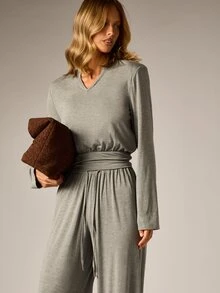 AiiRZ Soft Knit Co-Ord Set Long Sleeve Notch Neck Top And Wide Leg Drawstring Pants Two-Piece Loungewear Outfit - Grey - View 6