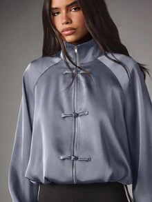 MISSGUIDED Satin Zip-Up Bomber Jacket With Chinese Frog Closure Buttons High Neck Raglan Sleeves Elasticated Cuffs - Light Grey - View 1