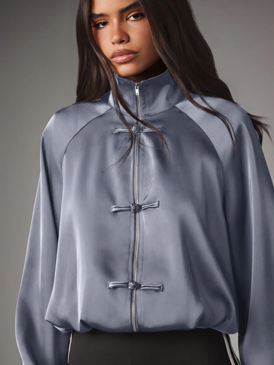 MISSGUIDED Satin Zip-Up Bomber Jacket With Chinese Frog Closure Buttons High Neck Raglan Sleeves Elasticated Cuffs - Light Grey - View 1
