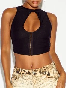 SUMWON WOMEN Atasan Crop Tanpa Lengan Warna Hitam dengan Detail Potongan Lubang Kunci dan Penutup Depan Kait-dan-Mata, Bralette Leher Tinggi, Atasan Festival Musim Panas - Hitam - View 2