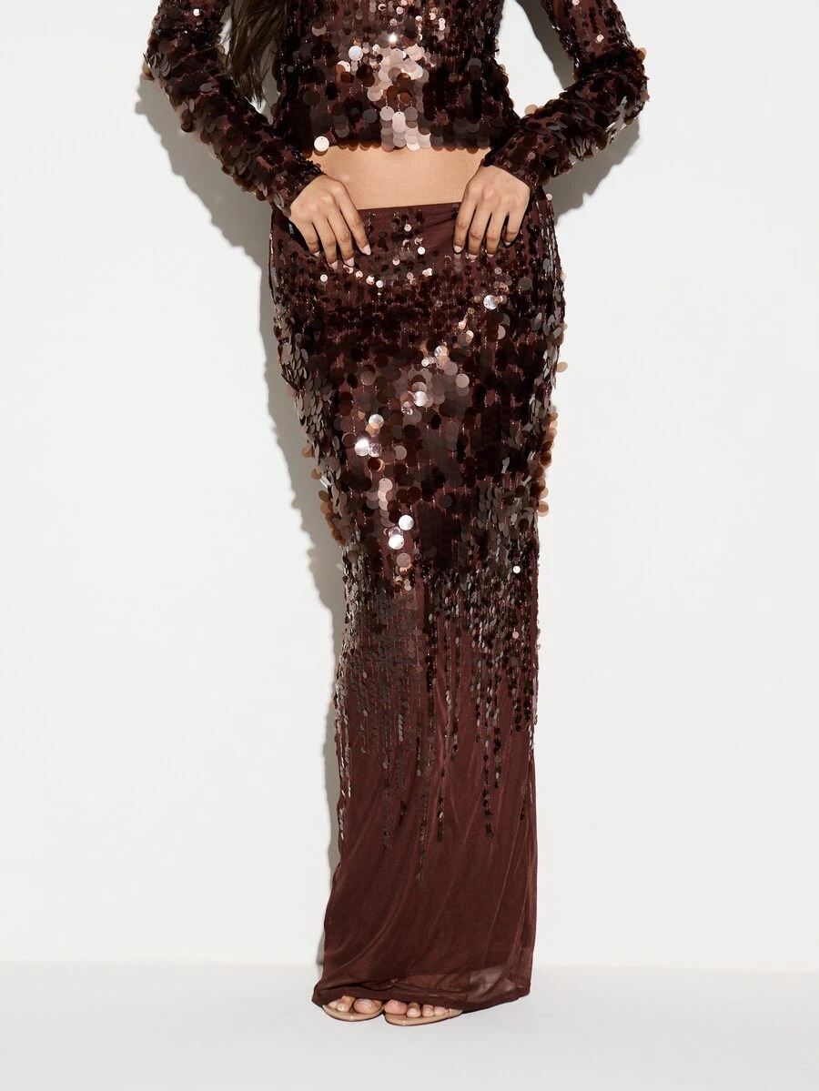 KIZN Chocolate Brown Maxi Sequin Skirt Large Disc Paillette Bodycon Pencil Party Evening Holiday Festive Glam - Brown - View 1