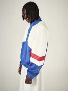 SUMWON Oversized Color Block Varsity Jacket With Snap Button Closure Ribbed Collar Cuffs And Elastic Waistband Logo Sleeve Detail - Multicolor - View 4