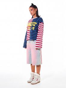 SUMWON WOMEN Sports Oversized Long Sleeve Striped Top With Japanese Script Graphic Print And Colour Block Panels - Multicolor - View 4
