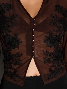 KIZN Sheer Mesh Crop Blouse With Floral Lace Applique Black Beaded Embellishment Collared Neckline Pearl Buttons Long Sleeve Fitted Top - Coffee Brown - View 2