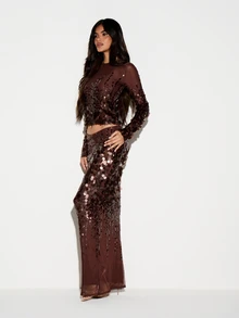 KIZN Chocolate Brown Maxi Sequin Skirt Large Disc Paillette Bodycon Pencil Party Evening Holiday Festive Glam - Brown - View 2