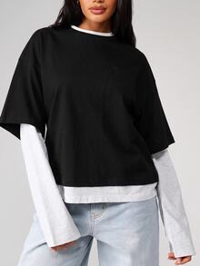 MISSGUIDED Oversized Boxy Crop T-Shirt With Chest Pocket And Contrast Ringer Crew Neckline Layered Look Drop Shoulder Casual Spring Summer Top - Black - View 3