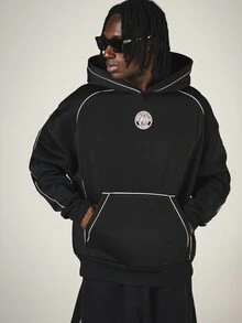 SUMWON Oversized Pullover Hoodie With Large Numeric Back Print Contrast Piping Detail Circle Logo Patch And Centre Pocket Fall Winter Streetwear - Black - View 2