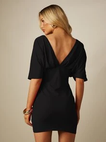 MISSGUIDED Deep V-Neck Ruched Mini Dress With Batwing Dolman Sleeves And Low Back Party Holiday Night Out Bodycon Dress - Black - View 2
