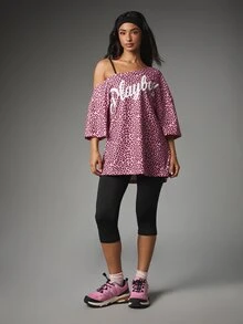 Missguided x Playboy Oversized Leopard Print Off-Shoulder Graphic Logo Tee Longline Tunic Top Elbow Sleeve Summer Festival Style - Multicolor - View 5