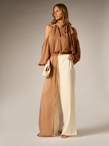 AiiRZ Cold Shoulder Chiffon Crop Blouse With High Neck Bow Tie Detail And Puff Sleeves Perfect For Spring Summer Evening Occasions - Brown - View 1