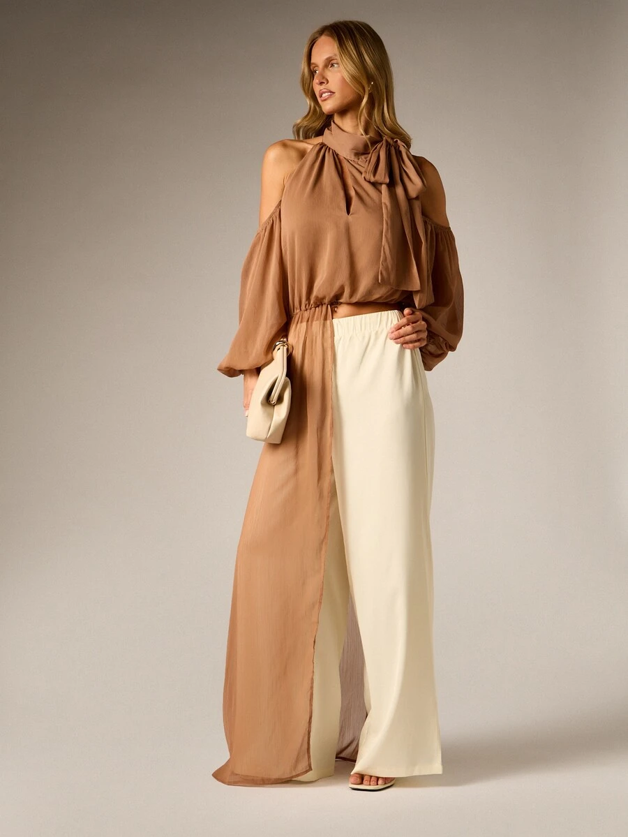 AiiRZ Cold Shoulder Chiffon Crop Blouse With High Neck Bow Tie Detail And Puff Sleeves Perfect For Spring Summer Evening Occasions - Brown - View 1