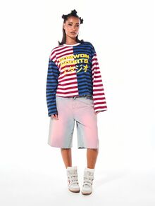 SUMWON WOMEN Sports Oversized Long Sleeve Striped Top With Japanese Script Graphic Print And Colour Block Panels - Multicolor - View 6