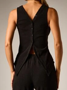 AiiRZ Ribbed Knit Co-Ord Set Longline Button-Front Sleeveless Vest And Wide-Leg Drawstring Pants Two-Piece Outfit - Black - View 6