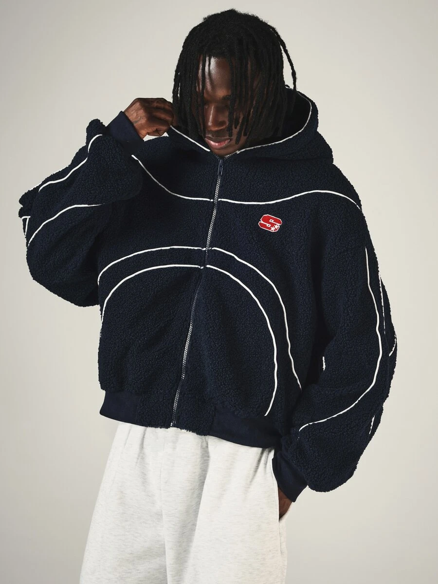 SUMWON Oversized Sherpa Fleece Zip-Up Hoodie With Contrast Piping And Logo Patch Winter Cozy Bomber Jacket - Navy Blue - View 1