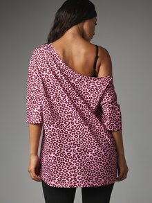 Missguided x Playboy Oversized Leopard Print Off-Shoulder Graphic Logo Tee Longline Tunic Top Elbow Sleeve Summer Festival Style - Multicolor - View 2
