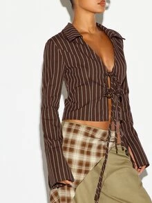 SUMWON WOMEN Pinstripe Lace-Up Crop Blouse With Collared Neckline And Bell Sleeves Tie Front Detail Cropped Length Fall Winter - Brown - View 2