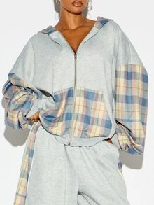 SUMWON WOMEN Áo khoác hoodie nỉ lông dáng boxy oversize kéo khóa toàn thân, phối mảng tương phản họa tiết kẻ caro, tay dài, phong cách thường ngày, mặc nhà và streetwear cho mùa thu đông - Nhiều màu - Xem 2
