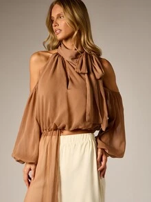 AiiRZ Cold Shoulder Chiffon Crop Blouse With High Neck Bow Tie Detail And Puff Sleeves Perfect For Spring Summer Evening Occasions - Brown - View 5