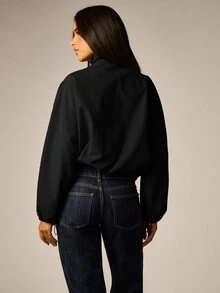 AiiRZ Cropped Mock Neck Zip-Up Jacket With Balloon Sleeves And Drawstring Hem - Lightweight Windbreaker Style Fall Winter Outerwear - Black - View 3