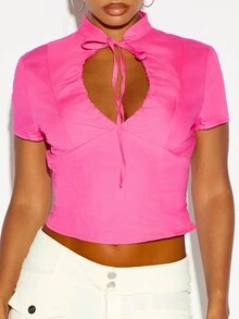 SUMWON WOMEN Neon Hot Pink Crop Top With High Neck Tie Detail And Keyhole Cut-Out Summer Festival Party Night Out Top - Pink - View 2