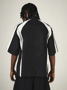 SUMWON Boxy Fit Racing Stripe Color Block Zip-Up Shirt Short Sleeve Collared Oversized Summer Festival Street Style Top - Black and White - View 2