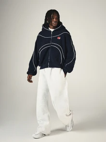SUMWON Oversized Sherpa Fleece Zip-Up Hoodie With Contrast Piping And Logo Patch Winter Cozy Bomber Jacket - Navy Blue - View 3