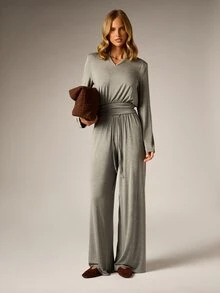 AiiRZ Soft Knit Co-Ord Set Long Sleeve Notch Neck Top And Wide Leg Drawstring Pants Two-Piece Loungewear Outfit - Grey - View 3
