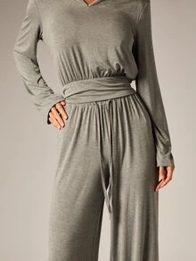 AiiRZ Soft Knit Co-Ord Set Long Sleeve Notch Neck Top And Wide Leg Drawstring Pants Two-Piece Loungewear Outfit - Grey - View 5